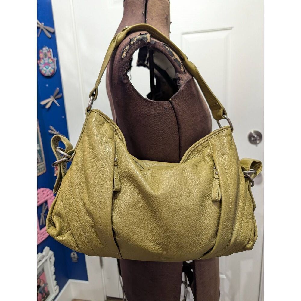 Vintage Perlina Leather Hobo Shoulder Handbag Chartreuse Olive Green NWOT